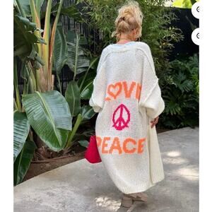 L🧡VE ☮️ PEACE Oversized White Knit Duster, Full Length Soft Warm Sweater +Scarf